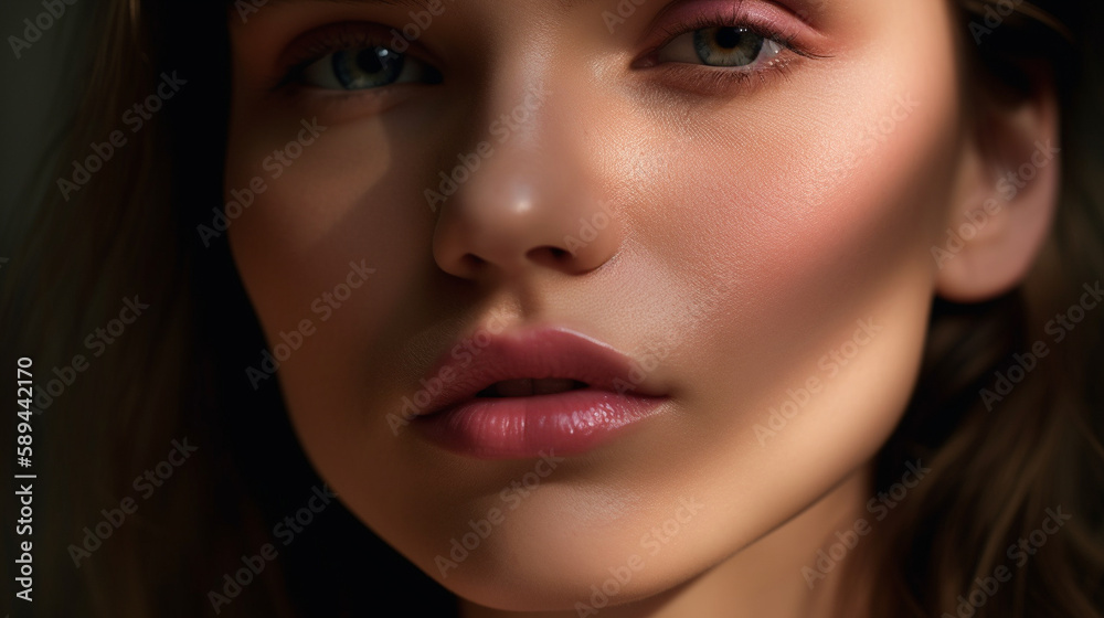 The focus of the photo is on a pair of lips, coated in a glossy lipstick that catches the light. Generative AI image. The focus of the photo is on a pair of lips, coated in a glossy lipstick that catches the light. Generative AI image.