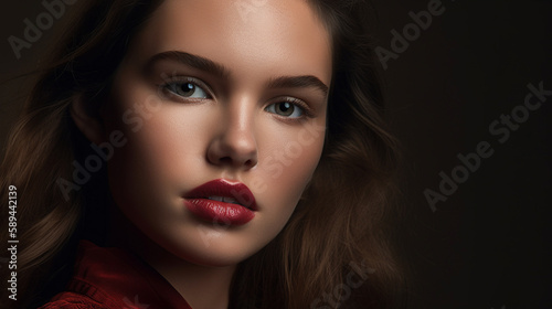 The focus of the photo is on a pair of lips  coated in a glossy lipstick that catches the light. Generative AI image.