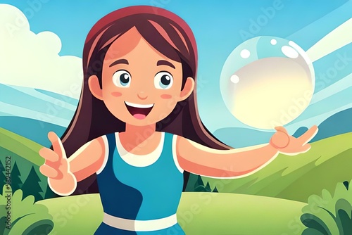 cartoon cute little girl chasing and playing with soap bubbles, wide banner with copy space area for kids play fun times concepts
