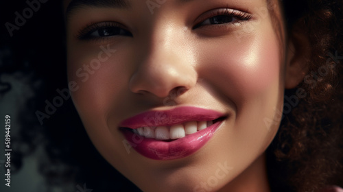 The focus of the photo is on a pair of lips, coated in a glossy lipstick that catches the light. Generative AI image.