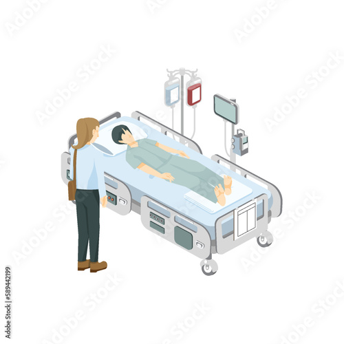 Patient on the hospital bed and visitor  graphic vector illustration on white background