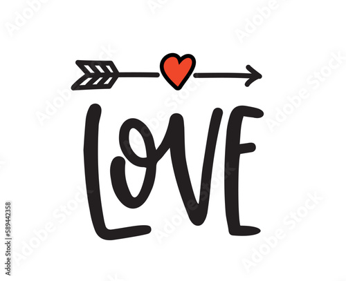 Love. Hand drawn typography word. Love with doodle heart. Print for tee, t-shirt, card, poster. Modern typography calligraphy script love text. Vector valentine day illustration.