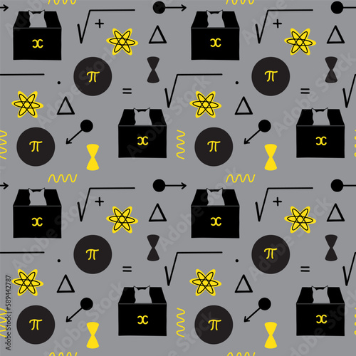 Schrodingers cat and mathematics symbols seamless pattern on grey background photo