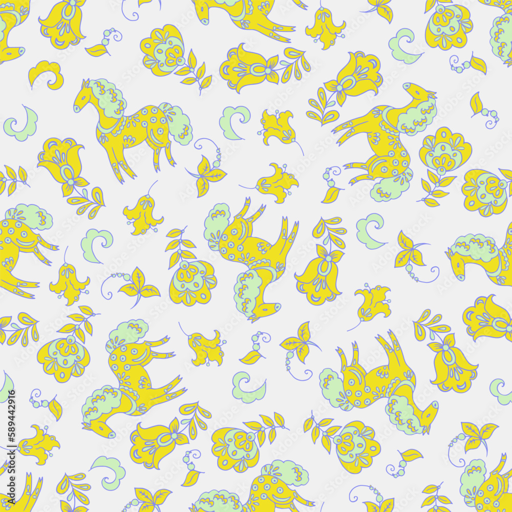 Cute ethnic horses seamless vector pattern. Baby background