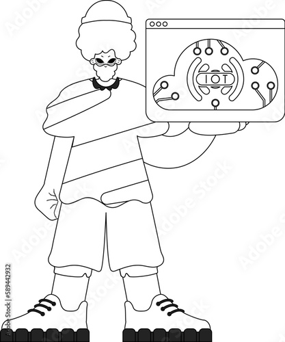 A guy wielding an internet of things logo in a vector linear style