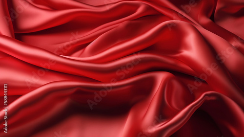 Red silk satin. Curtain. Luxury background for design. Soft folds. Shiny smooth flowing fabric. Wavy. Christmas, Valentine, Valentine's day, anniversary, awarding, festive. Generative AI.