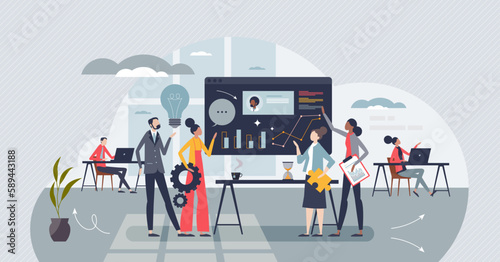 Cross functional team collaboration for common goal tiny person concept. Different departments in organization come together for project vector illustration. Collaboration and group partnership.