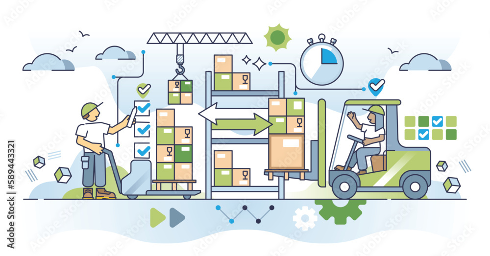 Inventory management and warehouse control or handling outline concept. Work with box on shelf, effective job planning, distribution and precise order assembly vector illustration. Stock with storage Inventory management and warehouse control or handling outline concept. Work with box on shelf, effective job planning, distribution and precise order assembly vector illustration. Stock with storage