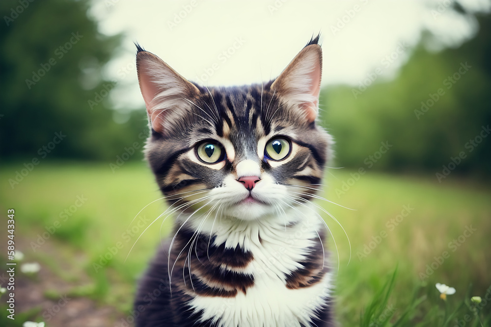 Portrait of a adorable cat, funny and cute face closeup, isolated on beautiful bokeh background, created with generative ai Portrait of a adorable cat, funny and cute face closeup, isolated on beautiful bokeh background, created with generative ai