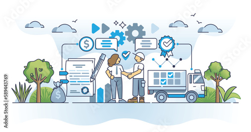 Supplier relationship and financial agreement for order plan outline concept. Scheduled shipping and routine delivery planning vector illustration. Company financial partnership and collaboration deal