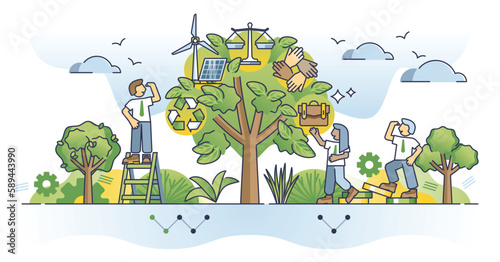 Sustainable investment and ESG environmental strategy outline concept. Green and nature friendly energy for community welfare vector illustration. Alternative power sources funding for future ecology