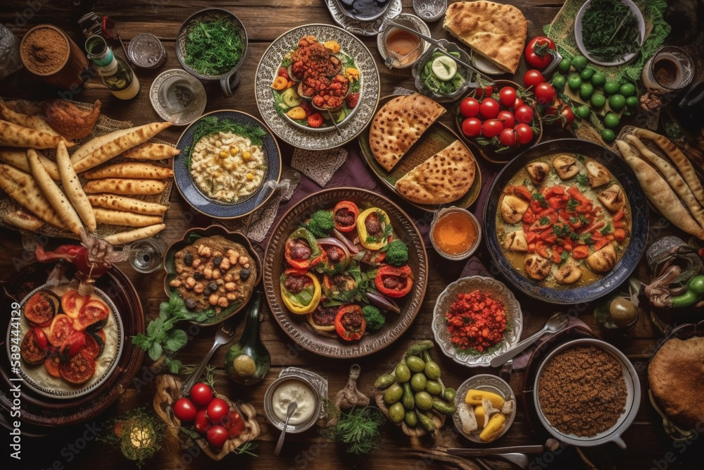 Traditional Turkish celebration dinner. Flat-lay of peopleeating Turkish salads, cooked vegetables, meze starters, pastries and drinking raki drink, top view. Middle Eastern cuisine