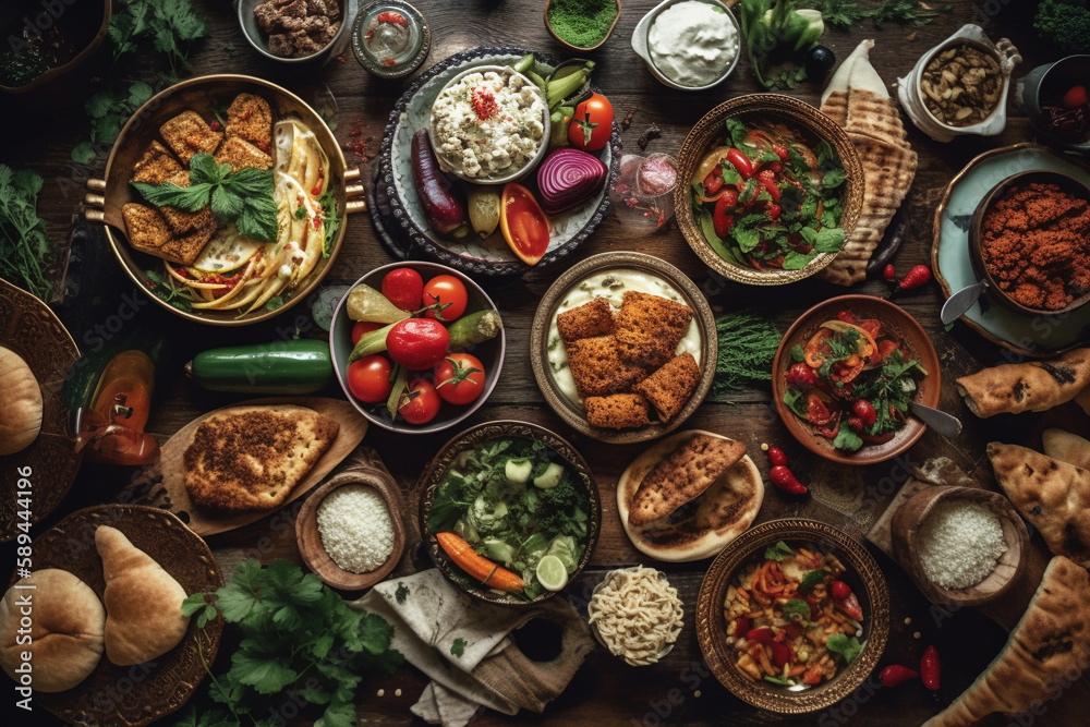 Traditional Turkish celebration dinner. Flat-lay of peopleeating Turkish salads, cooked vegetables, meze starters, pastries and drinking raki drink, top view. Middle Eastern cuisine