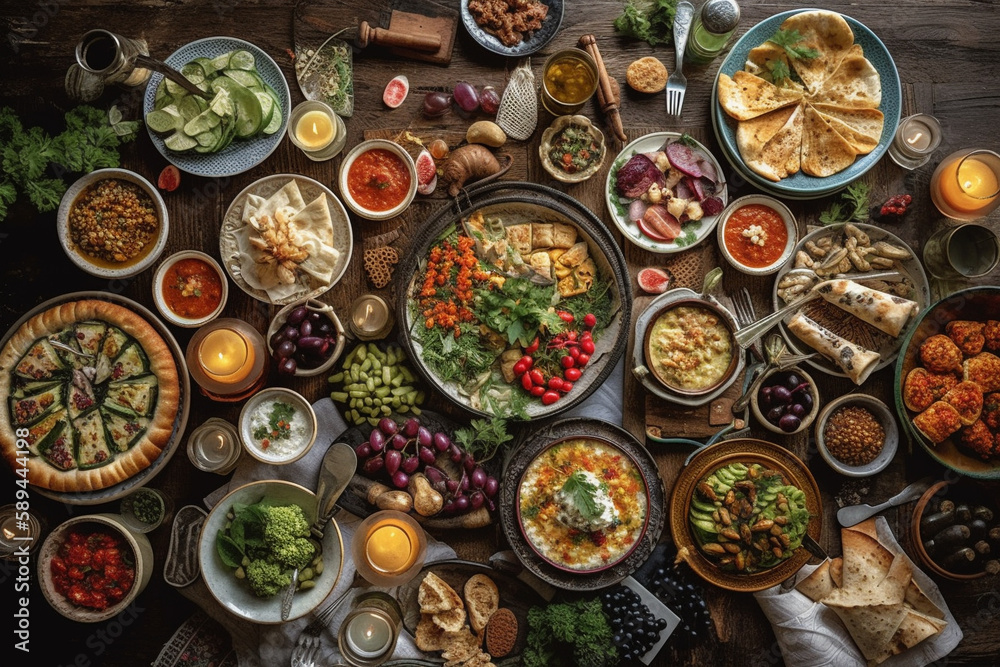 Fototapeta premium Traditional Turkish celebration dinner. Flat-lay of peopleeating Turkish salads, cooked vegetables, meze starters, pastries and drinking raki drink, top view. Middle Eastern cuisine
