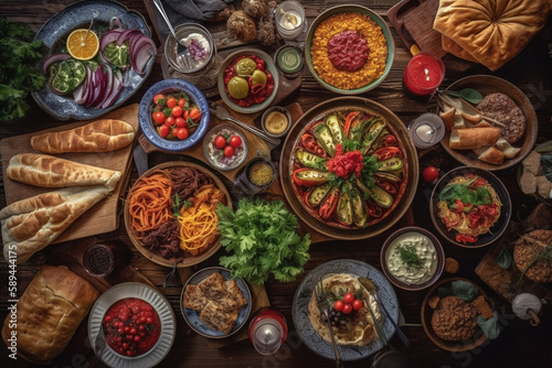 Traditional Turkish celebration dinner. Flat-lay of peopleeating Turkish salads  cooked vegetables  meze starters  pastries and drinking raki drink  top view. Middle Eastern cuisine