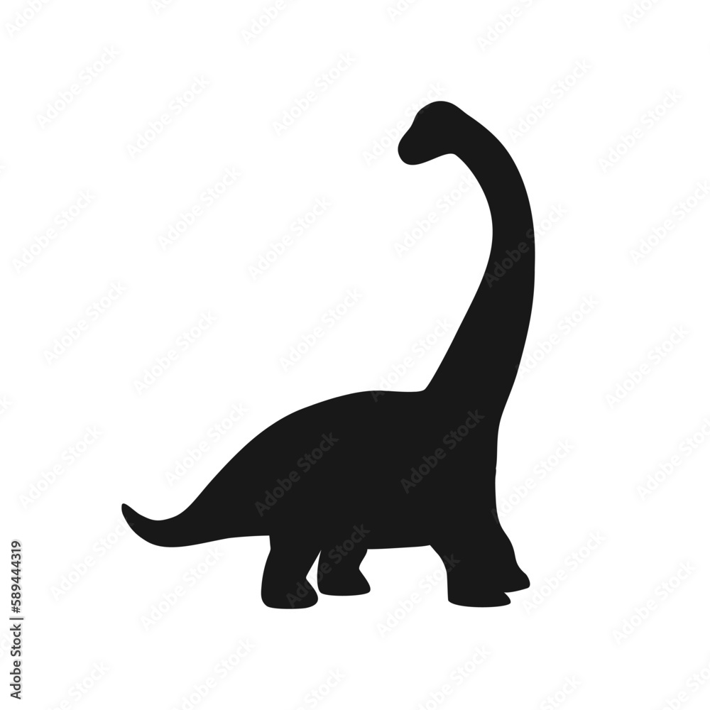 Black silhouette cute brontosaurus with long neck and short legs. Funny prehistoric animal. Hand drawn vector illustration isolated on white background, flat style