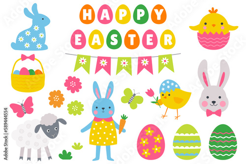 Easter vector design elements - bunny, chick, eggs, sheep