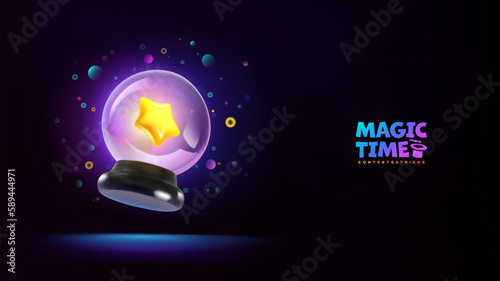 Glossy magical crystal ball vector cartoon illustration with colorful lights particles. Magic ball with glowing star inside on dark background. Astrology prediction fairytale banner template. photo