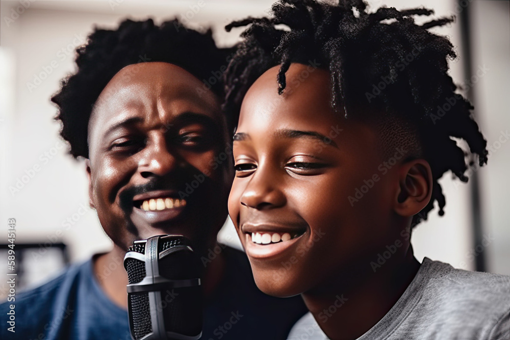 Happy Father's Day. African American Father sing with his son at home in modern interior. Celebration. Generated AI Happy Father's Day. African American Father sing with his son at home in modern interior. Celebration. Generated AI