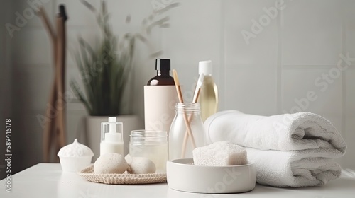 Toiletries soap towel creams and lotions. Generative AI