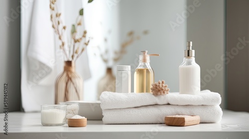 Toiletries soap towel creams and lotions. Generative AI