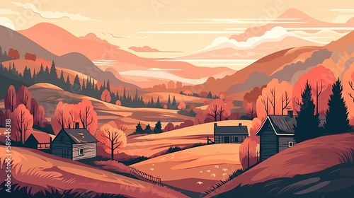 Vector illustration of Nature Cute illustration of landscape with village. Generative AI