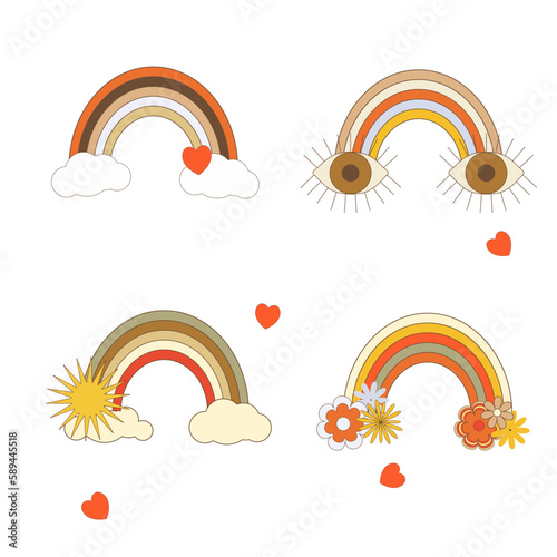 Isolated vector illustration set in groovy style: rainbows with clouds, eyes, sun, hearts and flowers. Retro elements with 70s vibes is perfect for stickers, prints, posters, flyers, gift decoration