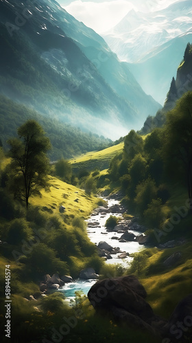 Scenic View of river on rocky mountains against misty sky during early summer, Autumn, generative ai