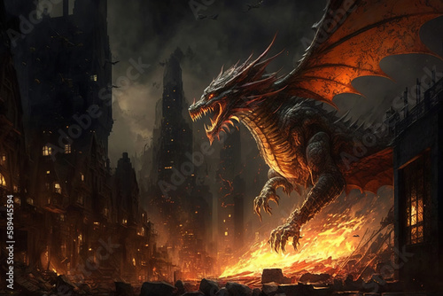 Dragon with burning medieval castle Created with Generative AI Technology © charnsitr