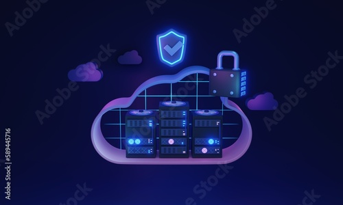 Cloud security and network file storage safety 3D illustration concept. Information upload to server for encrypted and password protected database hosting. Access to safe backup tech with web key.