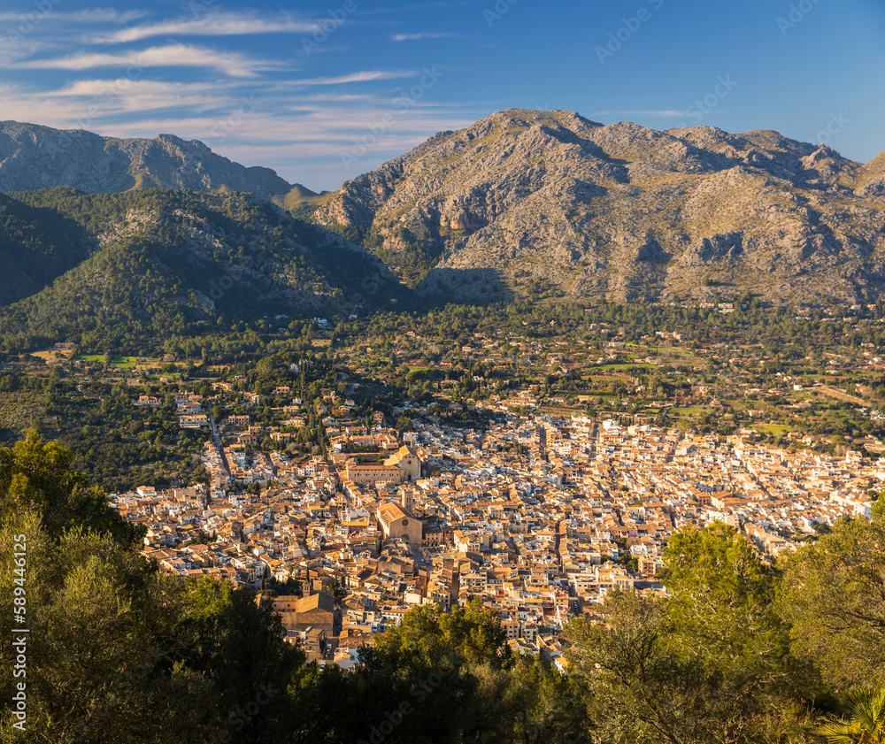 The view of Pollenca town close to sunset from the top of puig Maria Majorca Spain