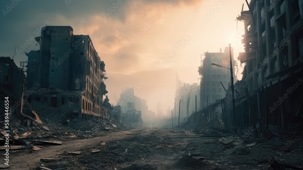 Sunlight filters through the dust over a destroyed urban street with debris.