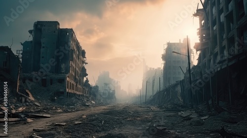 Sunlight filters through the dust over a destroyed urban street with debris.