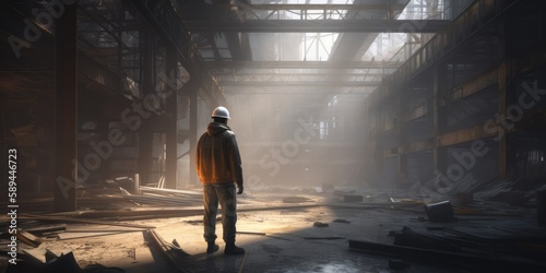 Building site inspection by construction worker, commercial imagery with cryengine influence, 2:1 aspect ratio, Generative AI illustration photo