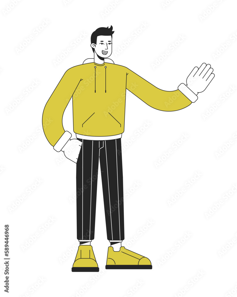 Confident stylish man waving hand flat linear duo color vector character. Editable figure. Full body person on white. Thin line duotone cartoon spot illustration for web graphic design and animation