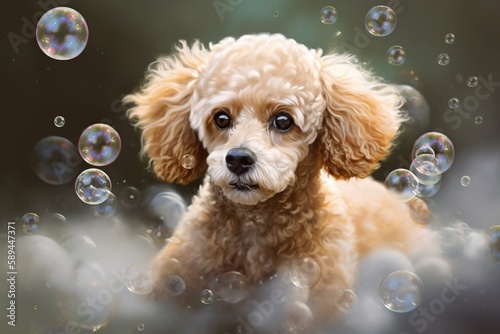 Сute fluffy bobtail puppy takes a bath filled with foam, a dog with fluffy fur sits in a bathtub. looking at the camera, cute pet, pet washing