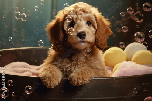 Сute fluffy bobtail puppy takes a bath filled with foam, a dog with fluffy fur sits in a bathtub. looking at the camera, cute pet, pet washing