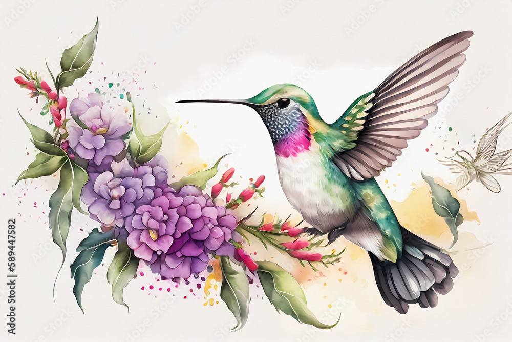 Fototapeta premium Watercolor hummingbird and flowers. Generative ai.