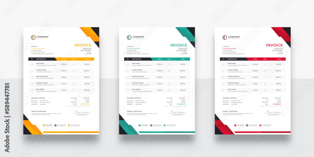 Abstract Modern and Creative Corporate Business Invoice design template. Creative invoice template vector. Three-color variation creative invoice template design. Tax form, bill graphic or payment rec