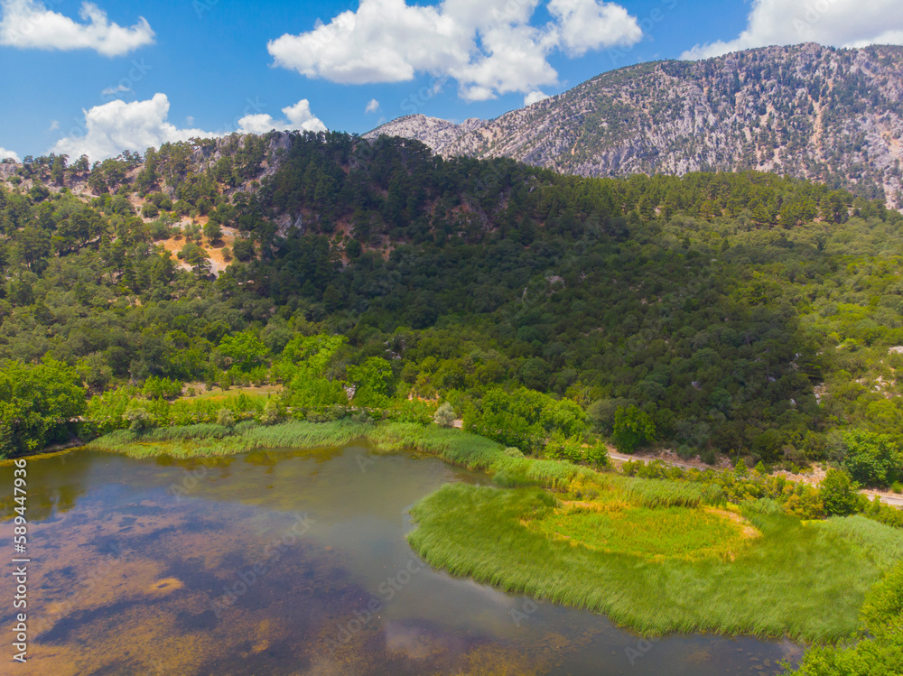 The beautiful landscapes of Kovada Lake, mountains and green area from the air. Isparta Lake District, TURKEY