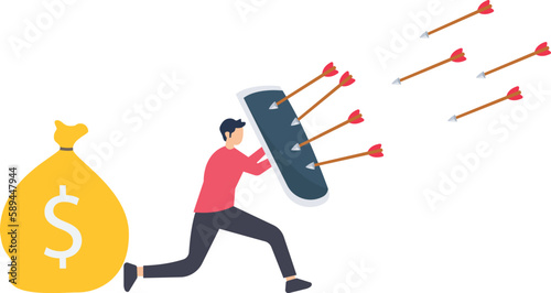 Protection from threat using insurance, Shield protection from threats, security attack or business risk, insurance or safety guard to protect from threatening concept, strong man face problems 
