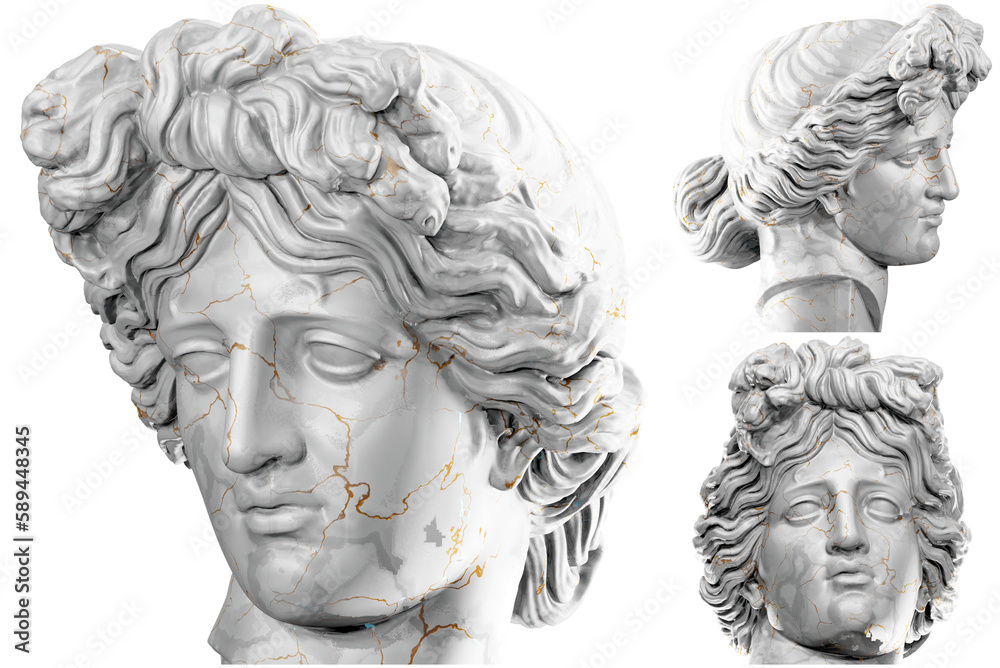 Obraz premium 3D render of an Apollo statue with stone texture and gold marble. Perfect for classical design projects..