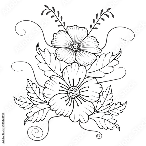 Set of different flower line on white background. Flowers drawing with line-art on white backgrounds. 