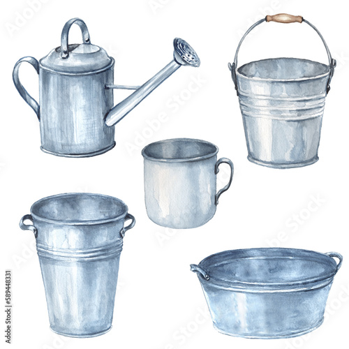 Garden rustic iron element decor set. Watercolor  Vintage iron watering can, bucket