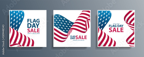 United States Flag Day Sale special offer promotional backgrounds set for business, advertising and holiday shopping. Flag Day sales event cards. Vector illustration.