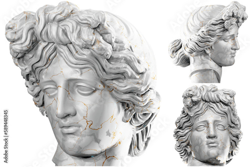 3D render of an Apollo statue with stone texture and gold marble. Perfect for classical design projects..