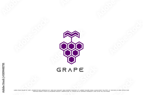 Grape wine hexagon logo design illustration. Purple hexagon wine vine grape berry alcohol fruit drink simple minimalist design. Creative idea modern fruit business icon design.