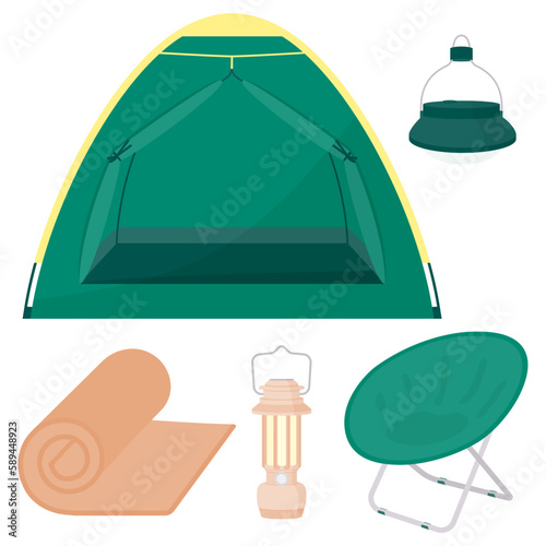 Camping kit. Tourist tent, temporary shelter. Outdoor folding chair. Camping furniture. LED camping lamp. Portable flashlight. Rolled carpet for sports or hiking. Vector illustration in a flat style.