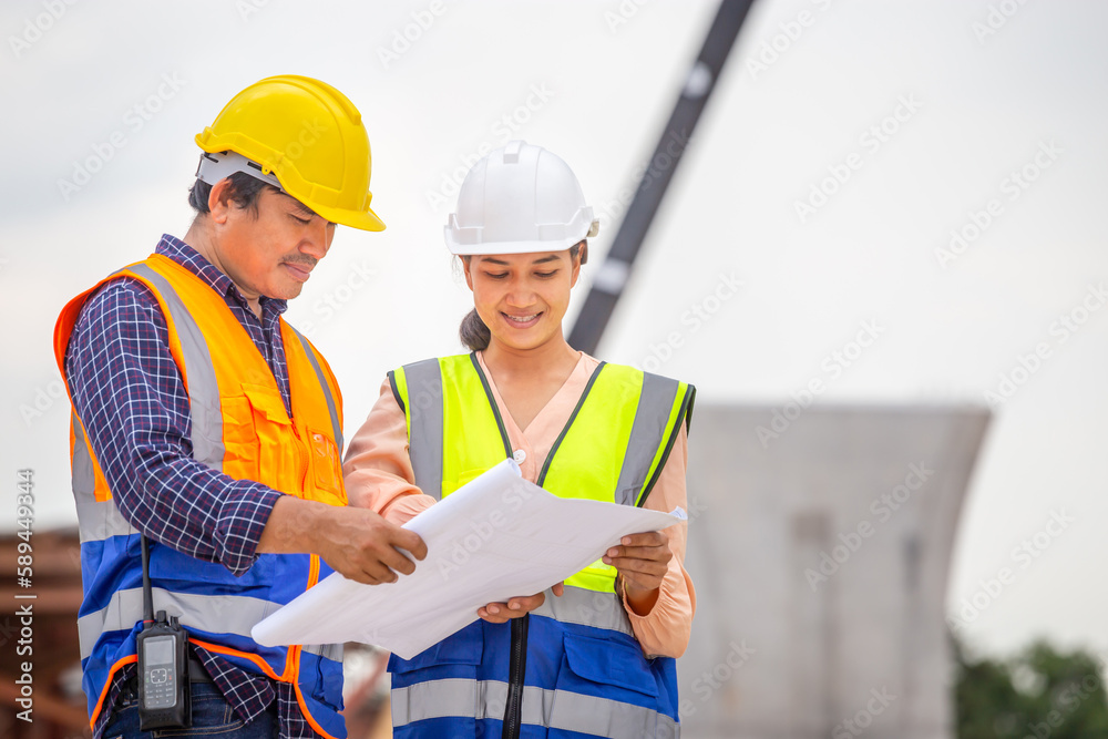Female engineer and foreman worker checking project at building site, Engineer and builders in hardhats discussing on construction site Female engineer and foreman worker checking project at building site, Engineer and builders in hardhats discussing on construction site