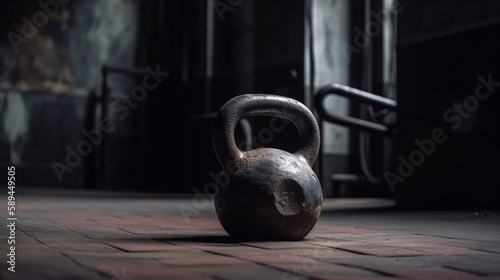 The kettlebell in the gym against the backdrop of the room. Generative AI.